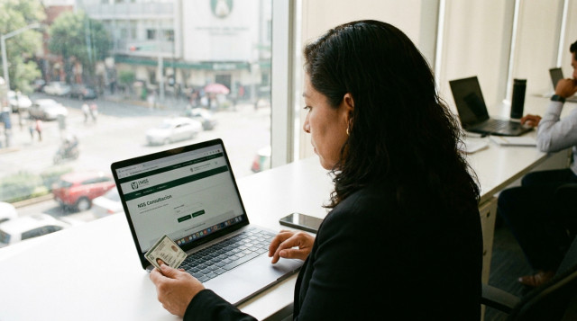 Persona mexicana consultando su NSS del IMSS en una computadora portátil con su CURP a la mano en un ambiente de oficina iluminado