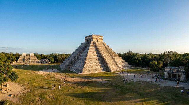 Vista panorámica de la zona arqueológica de Chichén Itzá bajo un cielo despejado, destacando la Pirámide de Kukulcán como Patrimonio de la Humanidad en México