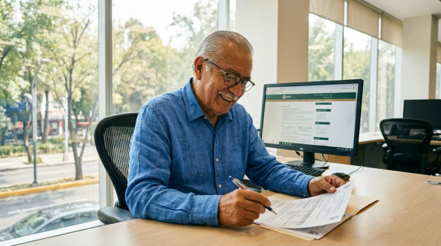 Un adulto mayor mexicano sonriente revisando documentos de su Pensión IMSS frente a una computadora en una oficina moderna y luminosa
