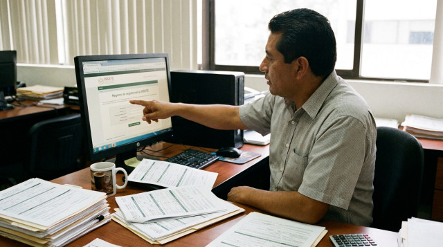 Un trabajador mexicano frente a una computadora mostrando el portal de registro de préstamos personales del ISSSTE con documentos oficiales a un lado