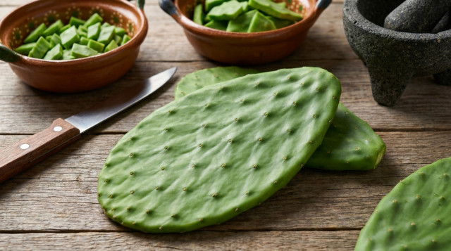 Un primer plano de pencas de nopal frescas y limpias sobre una mesa de madera, mostrando su textura natural y espinas retiradas, resaltando las propiedades del nopal como superalim