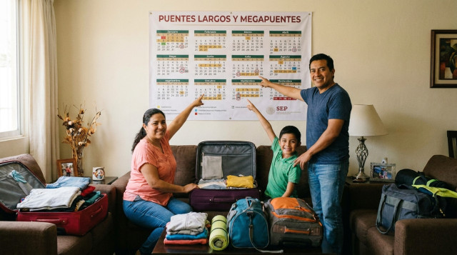 familia mexicana preparando maletas frente a un calendario impreso donde se resaltan los feriados y el texto 