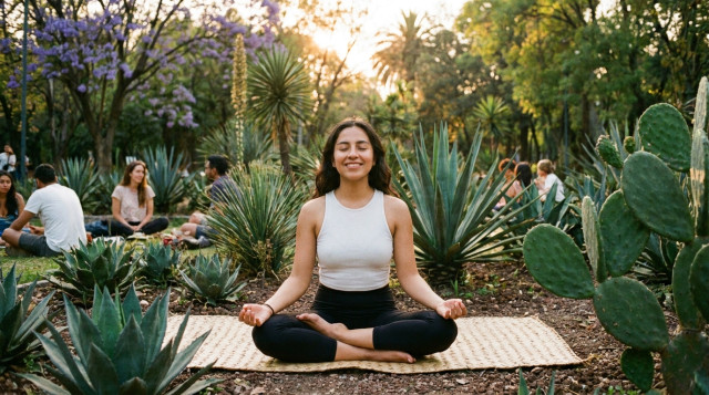 Una persona joven mexicana meditando en un parque con vegetación típica de México, transmitiendo serenidad y salud mental