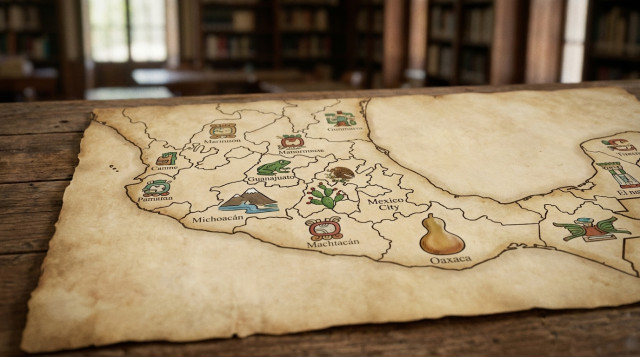 Un mapa ilustrado de México donde cada estado contiene un glifo prehispánico o un símbolo representativo de su nombre, como una rana para Guanajuato o un guaje para Oaxaca, con tex