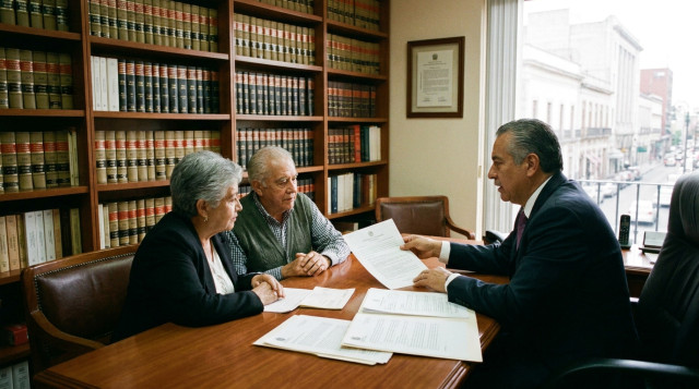 Un notario mexicano explicando los términos de un testamento a una pareja en una oficina profesional con libros legales de fondo