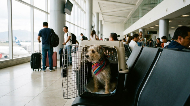 Un perro de raza pequeña con un paliacate colorido sentado dentro de una transportadora de viaje en la sala de espera de un aeropuerto mexicano moderno
