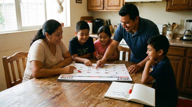 calendario sobre una mesa con marcadores rojos señalando los feriados de 2026 y 2027, una familia revisando fechas y un cuaderno con la leyenda 'Puentes y descansos'