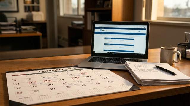 mesa de trabajo con calendario impreso marcado en diciembre y enero, laptop con portal del SAT abierto, hojas con checklist y un bolígrafo, luz cálida de oficina, texto superpuesto