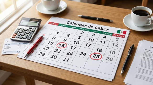 calendario impreso sobre una mesa con marcadores rojos señalando 16 de septiembre y 25 de diciembre, una calculadora y un recibo de nómina, iluminación natural, estilo editorial pr