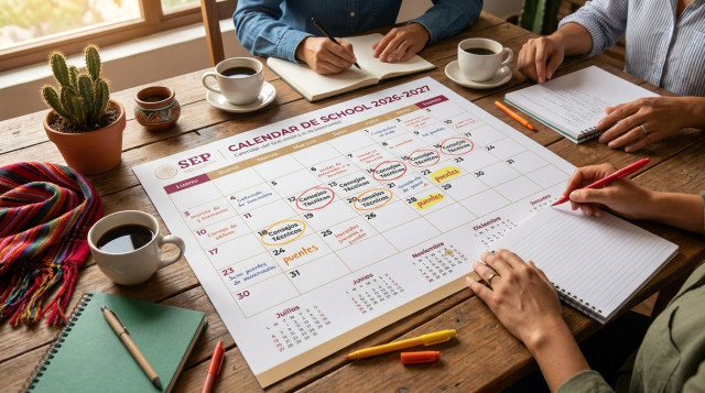 mesa de trabajo de docentes con calendario impreso del ciclo escolar 2026-2027, resaltando con marcadores las fechas de Consejos Técnicos y puentes, colores cálidos y elementos mex