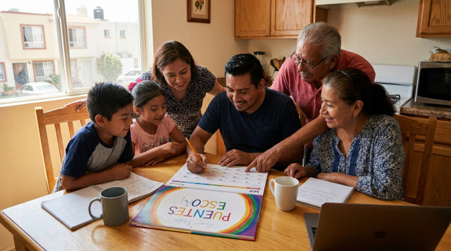 familia mexicana consultando un calendario escolar impreso sobre una mesa, marcando con un lápiz los puentes SEP y días festivos; portada colorida con textos visibles