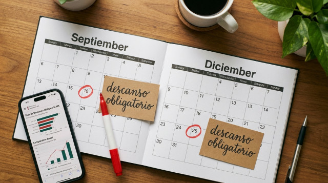 calendario impreso abierto sobre una mesa con marcadores sobre las fechas 16 de septiembre y 25 de diciembre, tarjetas con la leyenda 'descanso obligatorio' y un celular mostrando