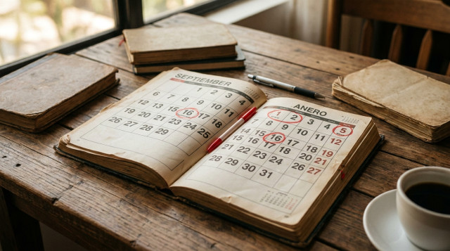 calendario impreso abierto en septiembre y enero con marcadores encima, primer plano de fechas 1 de enero, 5 de mayo y 16 de septiembre resaltadas en rojo, estilo editorial, ilumin
