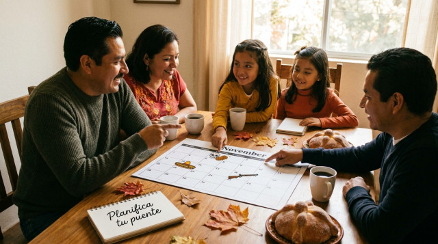 familia mexicana revisando un calendario sobre una mesa, con iconos marcando 2 de noviembre y 16 de noviembre, colores otoñales y una libreta con la frase 'Planifica tu puente' — p