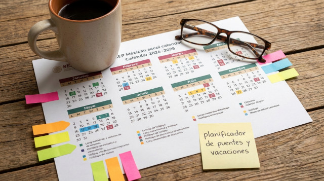 mesa con calendario impreso y notas adhesivas que señalan feriados y puentes, una taza de café y gafas; enfoque cercano con la palabra clave 
