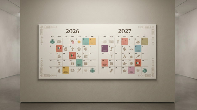 gráfico comparativo horizontal mostrando dos calendarios anuales (2026 y 2027) con los días festivos resaltados en colores diferentes; fondo neutro y elementos visuales mexicanos d