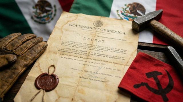 vista cenital de un decreto antiguo sobre papel amarillento, sello oficial y una bandera de México desenfocada al fondo; presencia de elementos que sugieran trabajo sindical como h