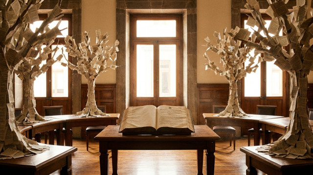 fotografía horizontal de un salón de plenos antiguo con mesas y árboles de papel con fragmentos de la Constitución; iluminación cálida, foco en un ejemplar abierto de la Constituci