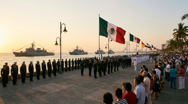 ceremonia naval en un malecón mexicano con buques de la Armada en el fondo, banderas ondeando y personal en formación; luz de tarde y presencia ciudadana observando la conmemoració