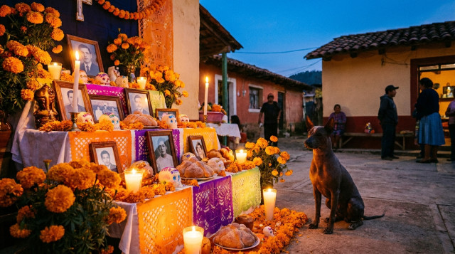 ofrenda tradicional en un patio de pueblo al atardecer, con velas encendidas, flores de cempasúchil, pan de muerto y fotografías familiares, contraste de luz cálida con el cielo az