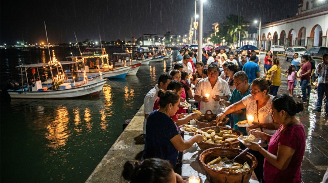 escena de La Candelaria en Veracruz con procesión nocturna junto al malecón, lanchas decoradas con velas y personas compartiendo tamales de cazuela; luz cálida, ambiente comunitari