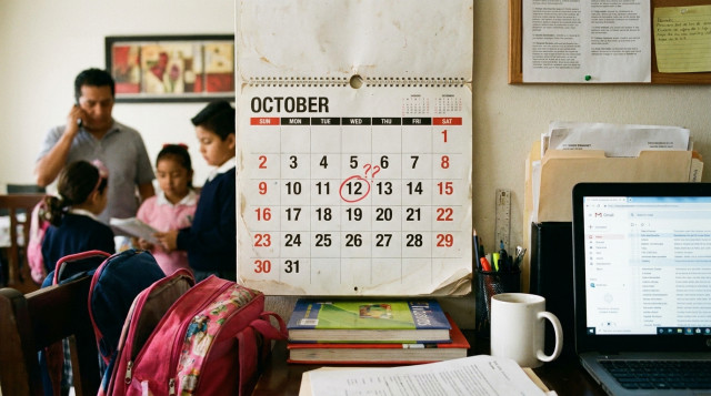 Calendario impreso señalando el mes de octubre con enfoque en las actividades cotidianas escolares y laborales en México
