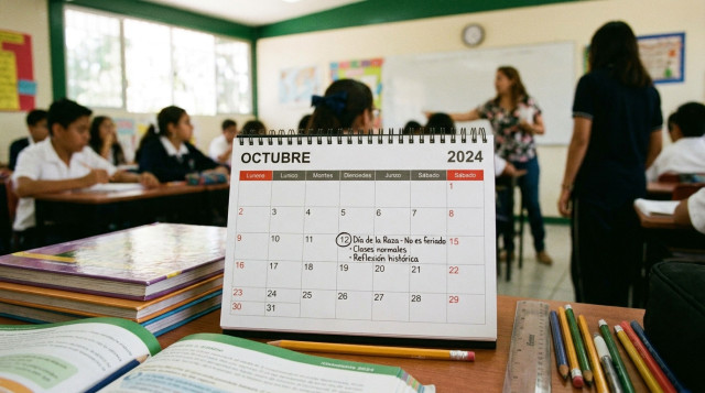 calendario de escritorio en primer plano con la fecha del 12 de octubre señalada con notas cívicas y material escolar en un aula de clases
