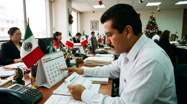 Trabajador revisando calendario de diciembre y nómina de aguinaldo en una oficina mexicana