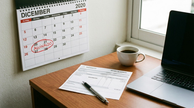 calendario de diciembre con el domingo 20 marcado como fecha límite del aguinaldo y un recibo de nómina sobre el escritorio