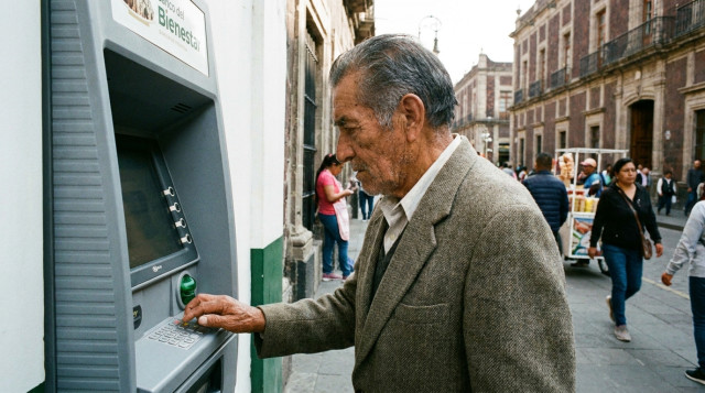 persona de la tercera edad consultando su saldo de la Pensión Bienestar en un cajero del Banco del Bienestar