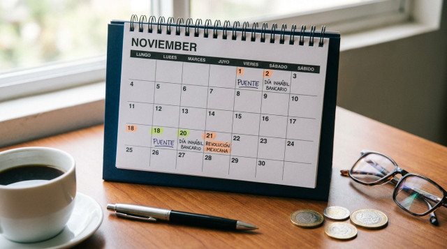 calendario de mesa abierto en el mes de noviembre con anotaciones en días festivos y finanzas bancarias