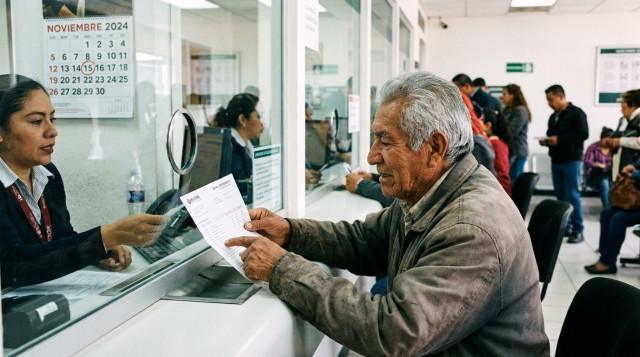 Persona adulta mayor revisando su estado de cuenta en ventanilla bancaria para consultar el calendario de pago de aguinaldo