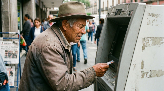Adulto mayor consultando su saldo bancario en un cajero automático para verificar el depósito de su pensión IMSS e ISSSTE