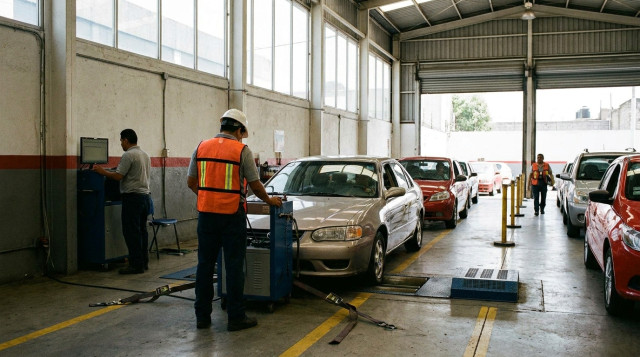 automóvil en la línea de inspección técnica dentro de un verificentro metropolitano con técnicos revisando emisiones
