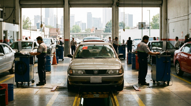 vehículo en línea de inspección dentro de un verificentro de la Ciudad de México con engomado rojo en el parabrisas