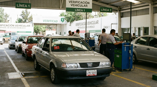 automóvil ingresando a la línea de inspección técnica en un centro de verificación vehicular oficial con holograma y engomado visible