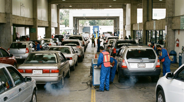 Línea de autos en espera dentro de un verificentro metropolitano con técnicos inspeccionando emisiones del calendario de verificación vehicular