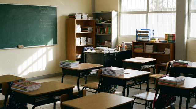 Aulas escolares vacías con cuadernos y libros organizados durante el Consejo Técnico Escolar del calendario SEP