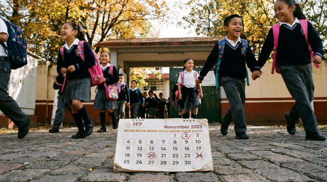 alumnos de primaria saliendo de una escuela en México con un calendario SEP de noviembre en primer plano