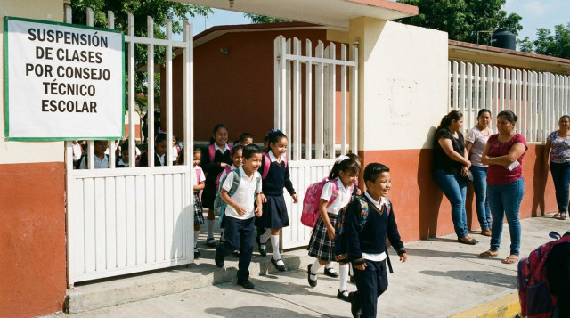 Alumnos de primaria saliendo de la escuela con mochilas ante la suspensión de clases del calendario SEP por Consejo Técnico Escolar