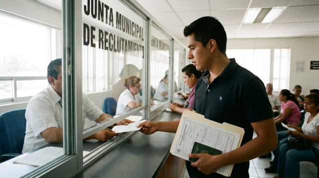 Joven mexicano realizando el trámite de la precartilla militar en una ventanilla de reclutamiento municipal con documentos oficiales