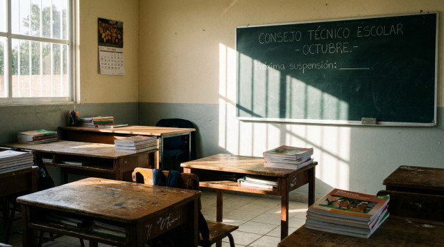 aula de primaria vacia con pizarron y libros escolares durante el Consejo Técnico Escolar de octubre