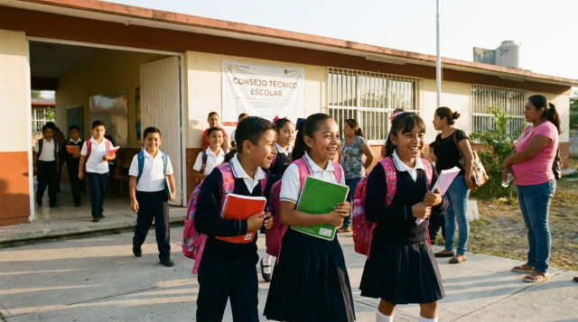 Alumnos de primaria saliendo de un aula escolar en México con mochilas y cuadernos, representando el fin de semana largo por el Consejo Técnico Escolar de octubre