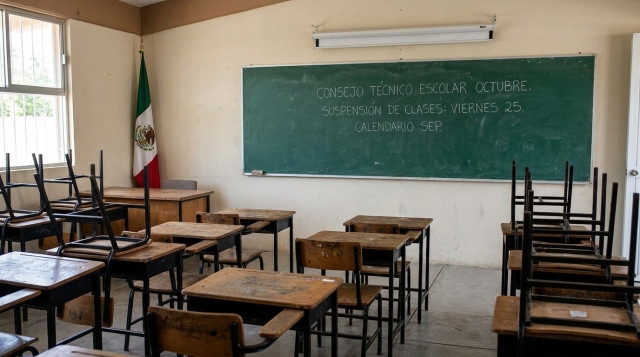 Aula escolar de educación básica vacía con un pizarrón que indica la fecha de reunión del Consejo Técnico Escolar de octubre