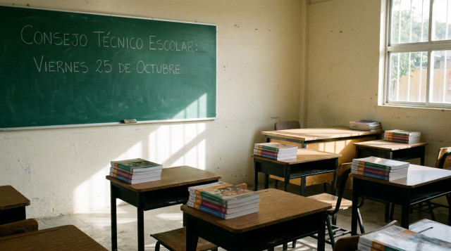Aula escolar vacía con libros de texto y un pizarrón que indica la fecha del Consejo Técnico Escolar de octubre
