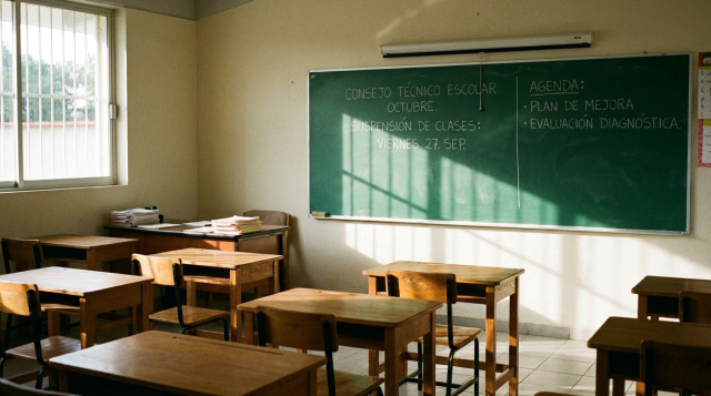 Aula vacía de escuela primaria con pizarrón y pupitres durante la sesión del Consejo Técnico Escolar de octubre