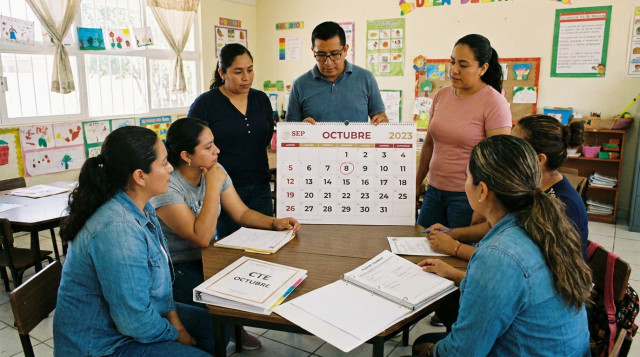 Docentes reunidos en un aula de primaria analizando el calendario SEP y carpetas de trabajo durante el Consejo Técnico Escolar de octubre