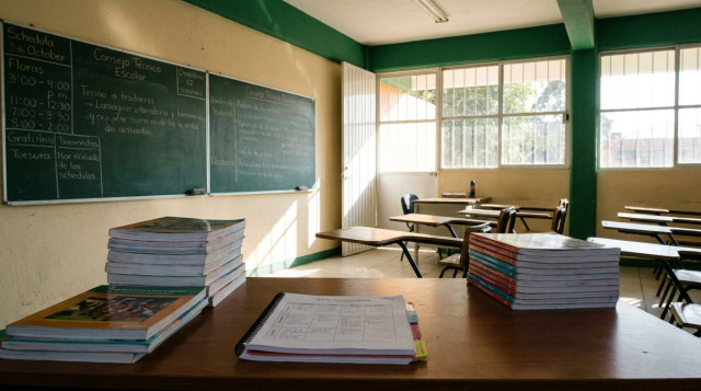 aula escolar vacía con pizarrones y libros en primer plano durante una jornada de Consejo Técnico Escolar de octubre