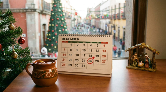 calendario de escritorio enfocado en el mes de diciembre con el día 25 marcado en color rojo destacando los descansos obligatorios de diciembre