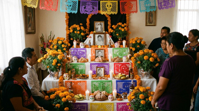 ofrenda de Día de Muertos con flores de cempasúchil, velas y papel picado en una casa mexicana